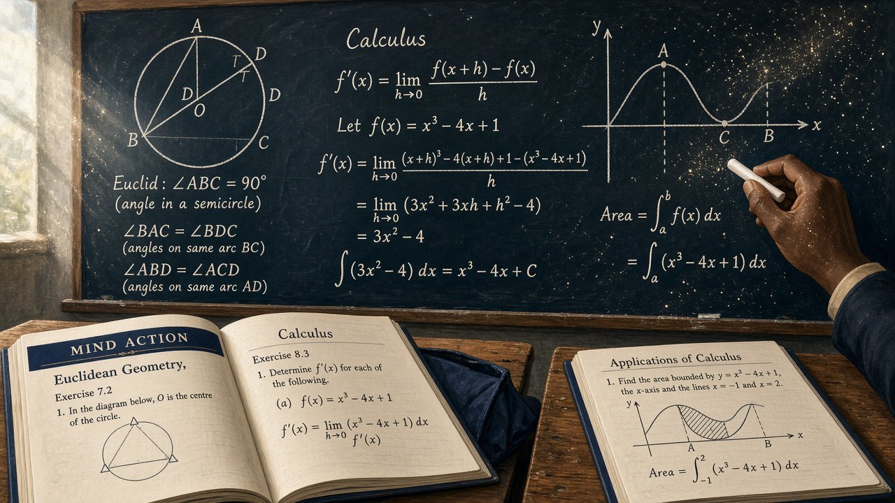 a mathematics workshop in a sunlit classroom with learners and a teacher at the board