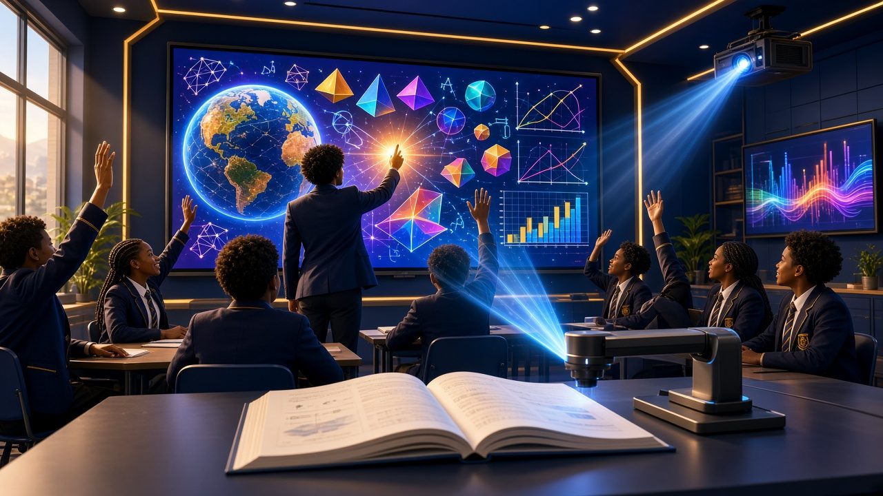 Modern classroom with an interactive panel, a ceiling projector and a document visualiser on the teacher’s desk